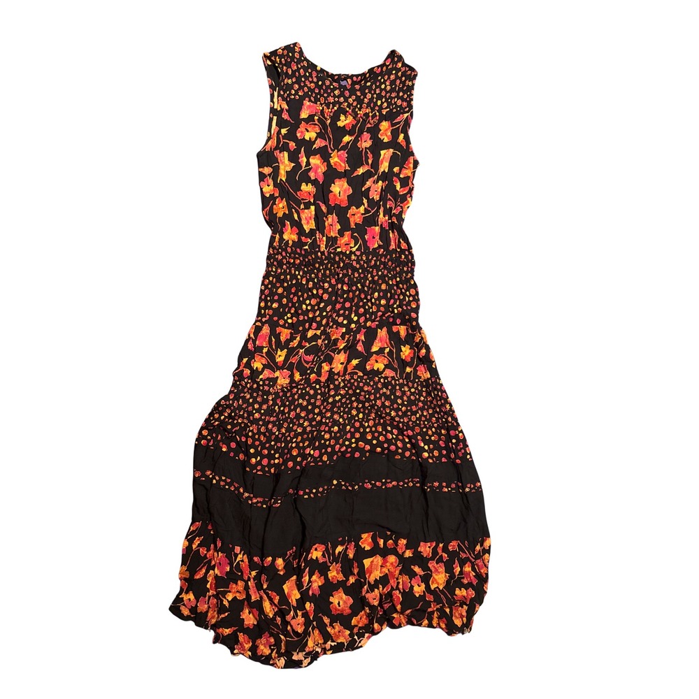 Carole Little Vtg 90s Floral Polka Dot Smocked Tiered Maxi Dress Black Orange - Picture 2 of 3